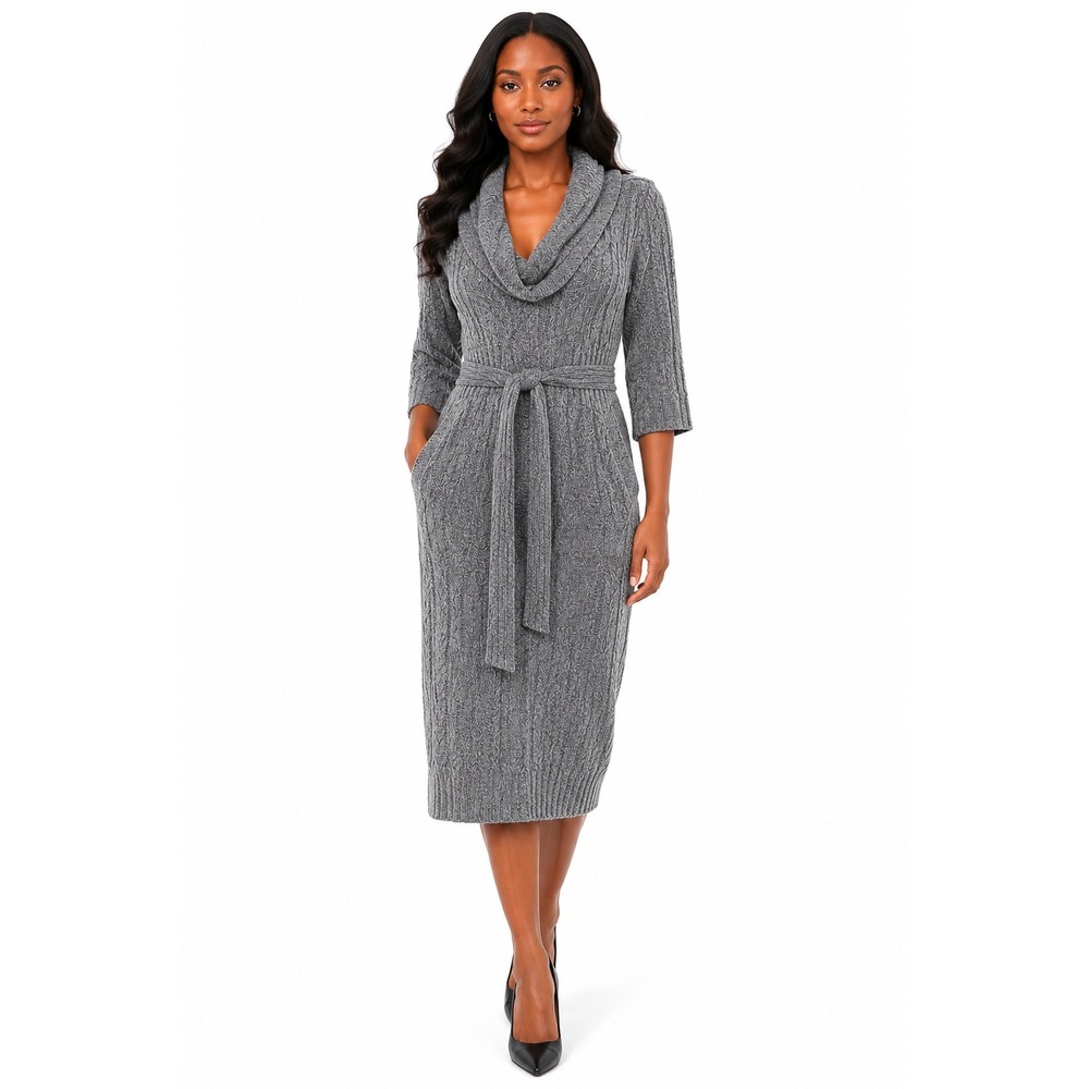 Kay Unger‎ New York Gray Ribbed Cowl Neck Belted Midi Sweater Dress Size 4